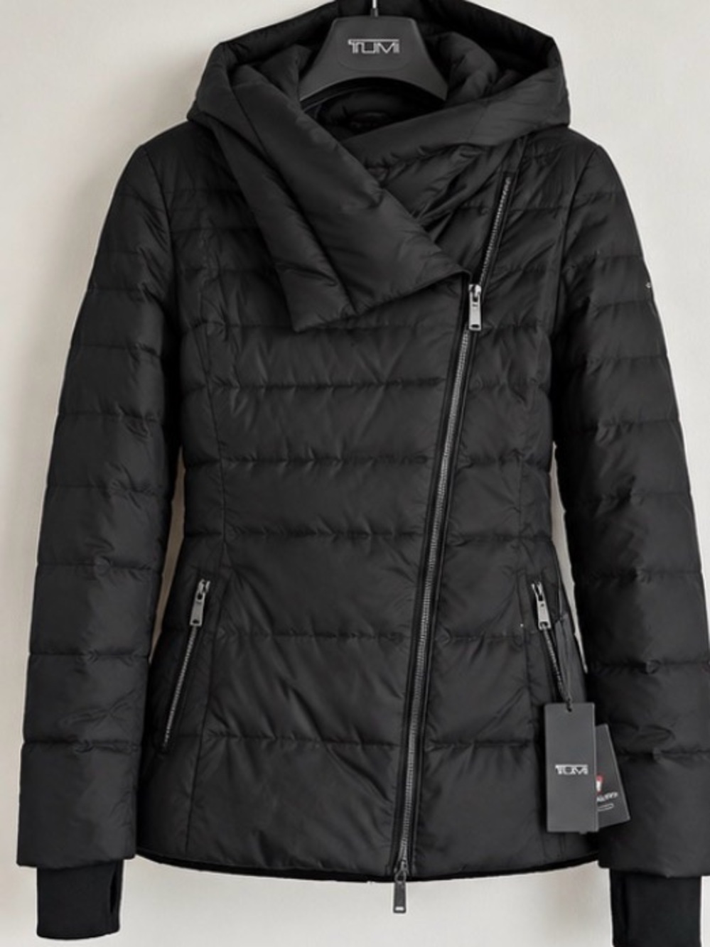 Tumi Black Asymmetrical Hooded Quilted Puffer Jacket